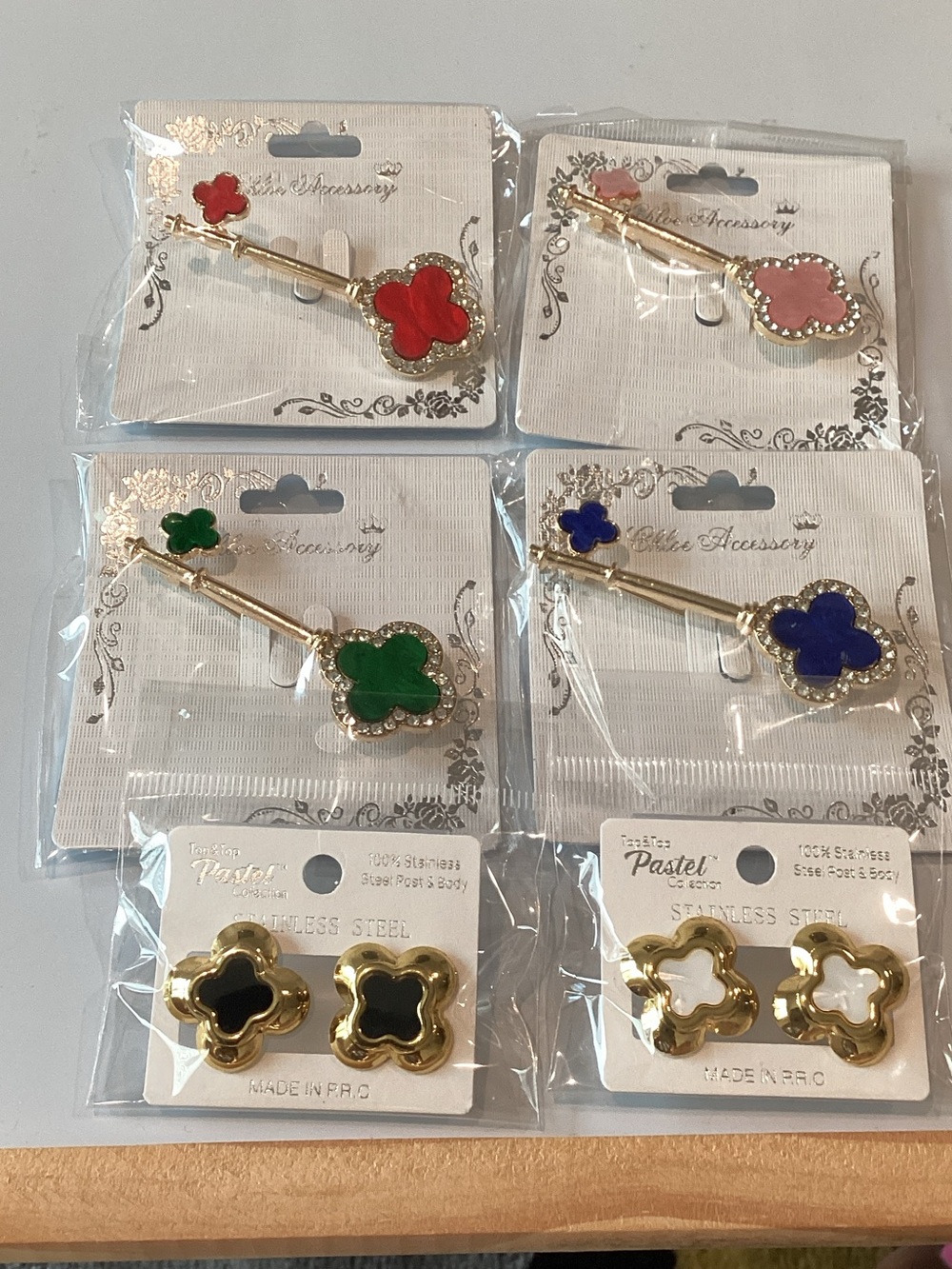 Clover Flower Brooches and Earrings Set - Assorted Colors